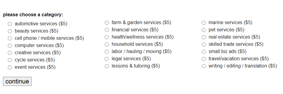 Craigslist services category page listing every subcategory at $5 per post